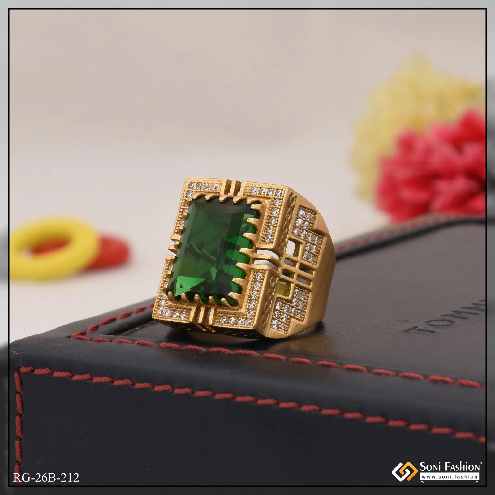 1 Gram Gold Plated Green Stone With Diamond Funky Design Ring For Men - Style B212