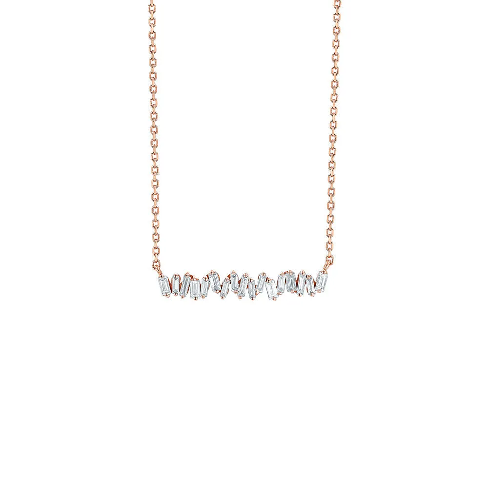 18 Karat Rose Gold Horizontal Necklace with White Diamond Baguettes