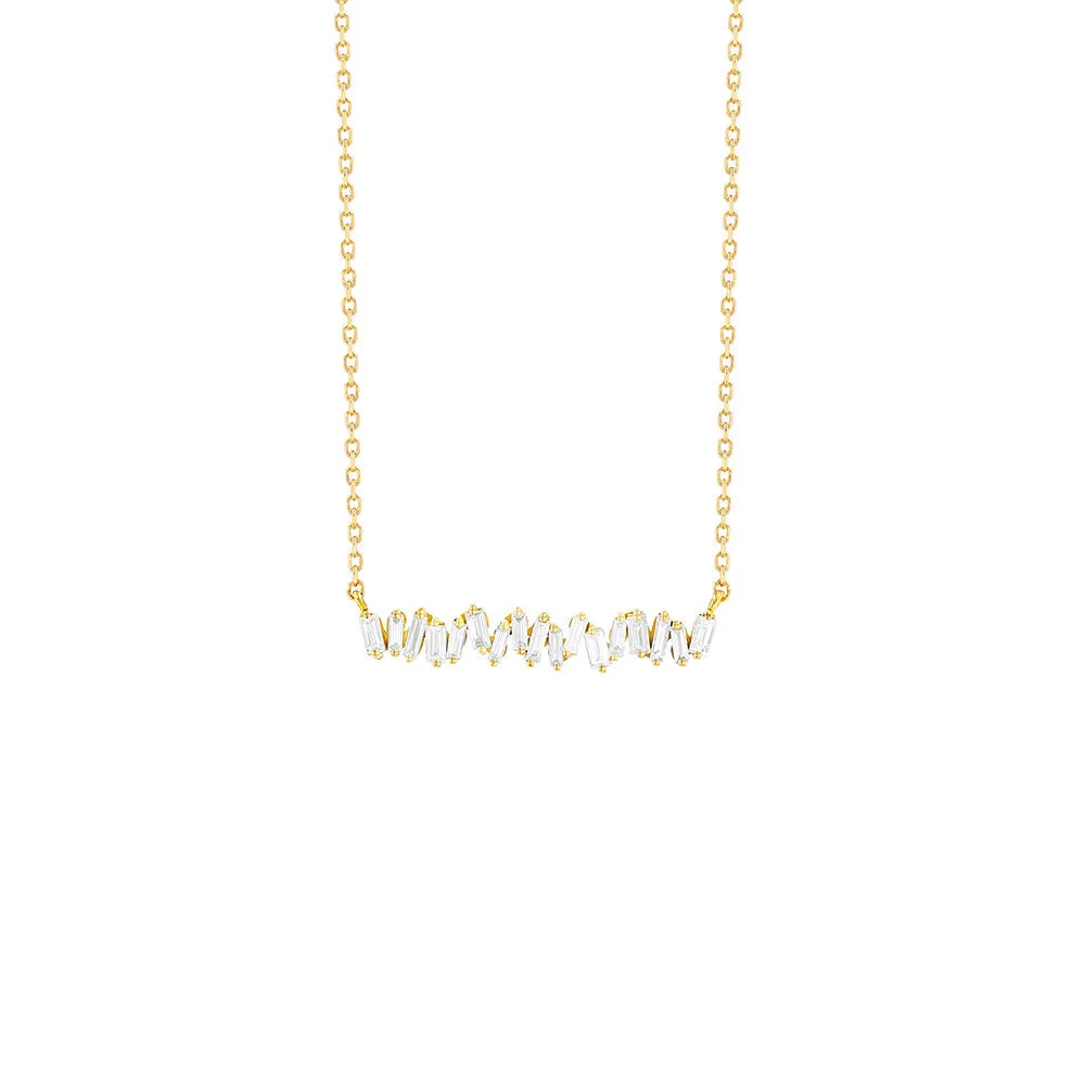18 Karat Yellow Gold Horizontal Necklace with White Diamond Baguettes