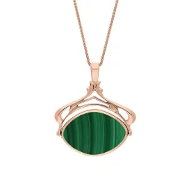 18ct Rose Gold Whitby Jet Malachite Marquise Swivel Fob Necklace