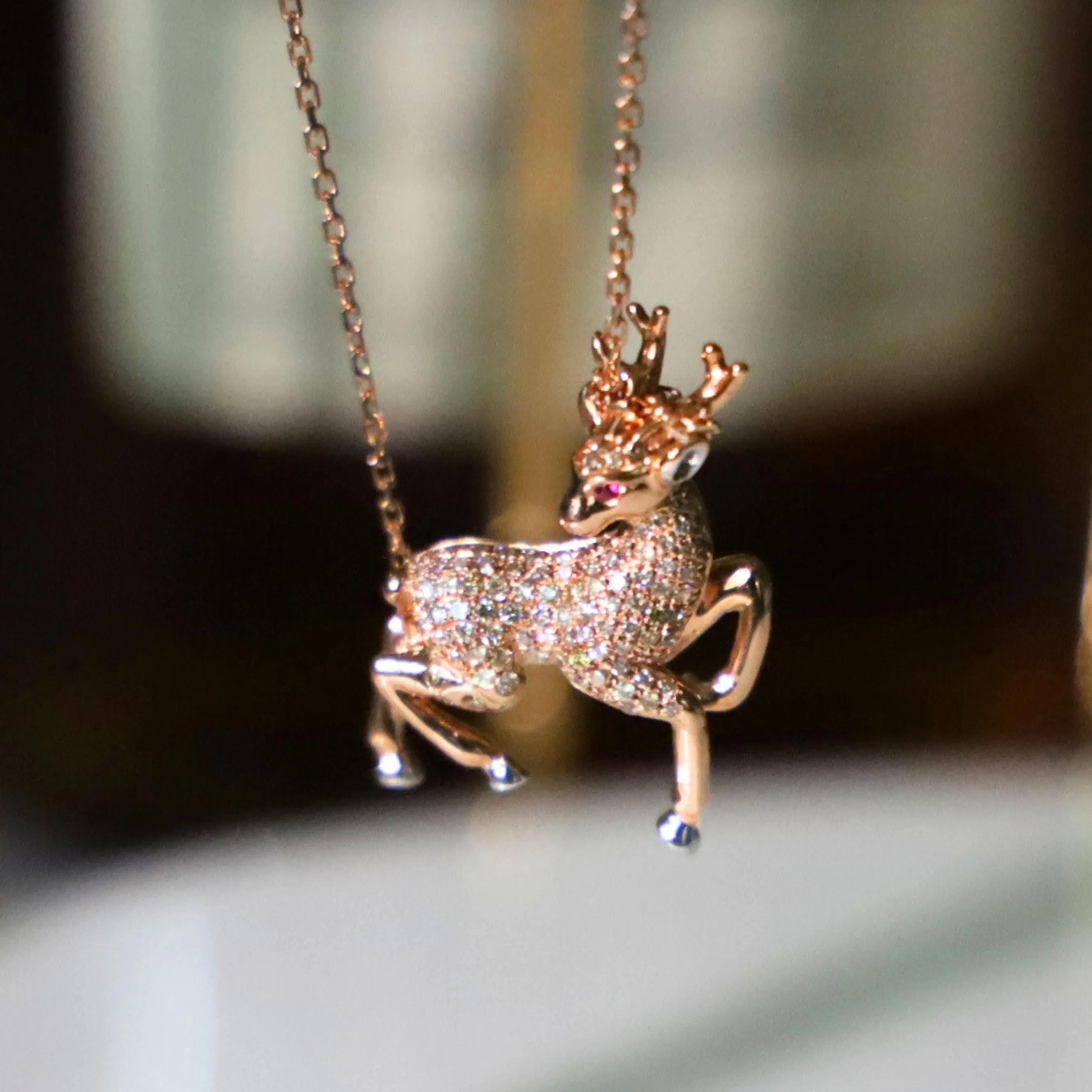 18K Rose Gold Moose Pendant with Diamonds & Rubies