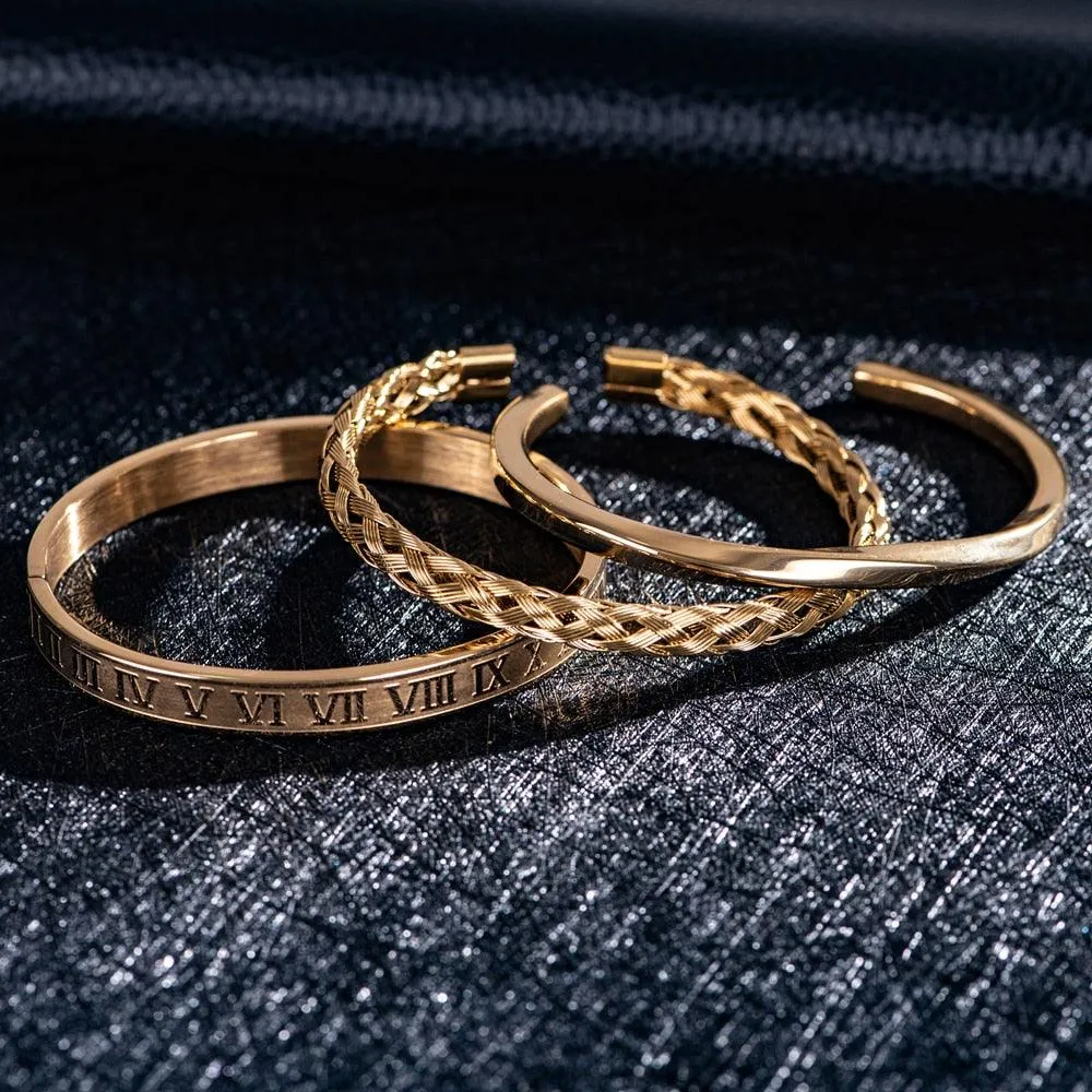 3pcs/set Luxury Roman Number 316L Men Bracelet, Simple Classic Stainless Steel Wristband Braiding Bangles, Type C twisted Bangle Men jewelry