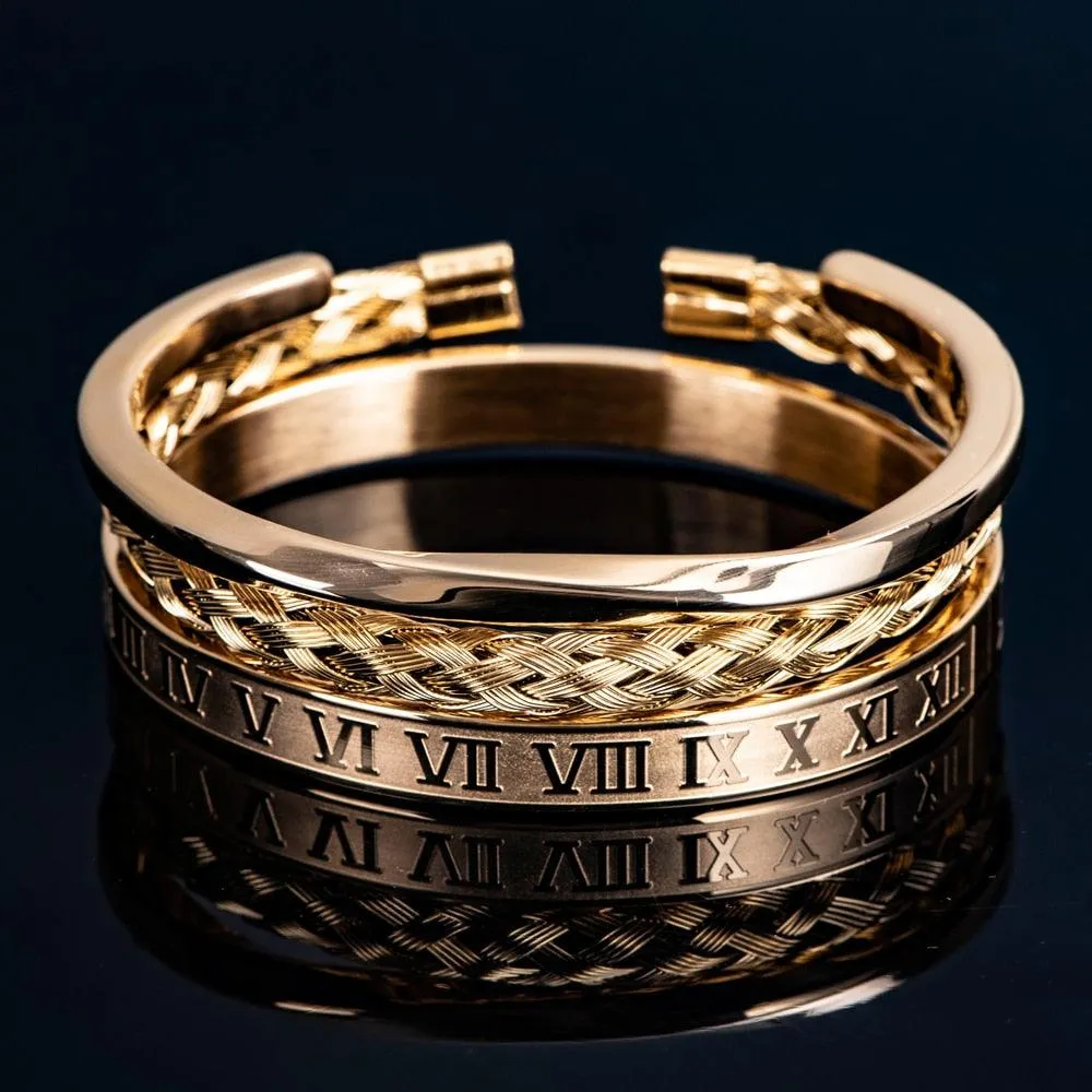 3pcs/set Luxury Roman Number 316L Men Bracelet, Simple Classic Stainless Steel Wristband Braiding Bangles, Type C twisted Bangle Men jewelry