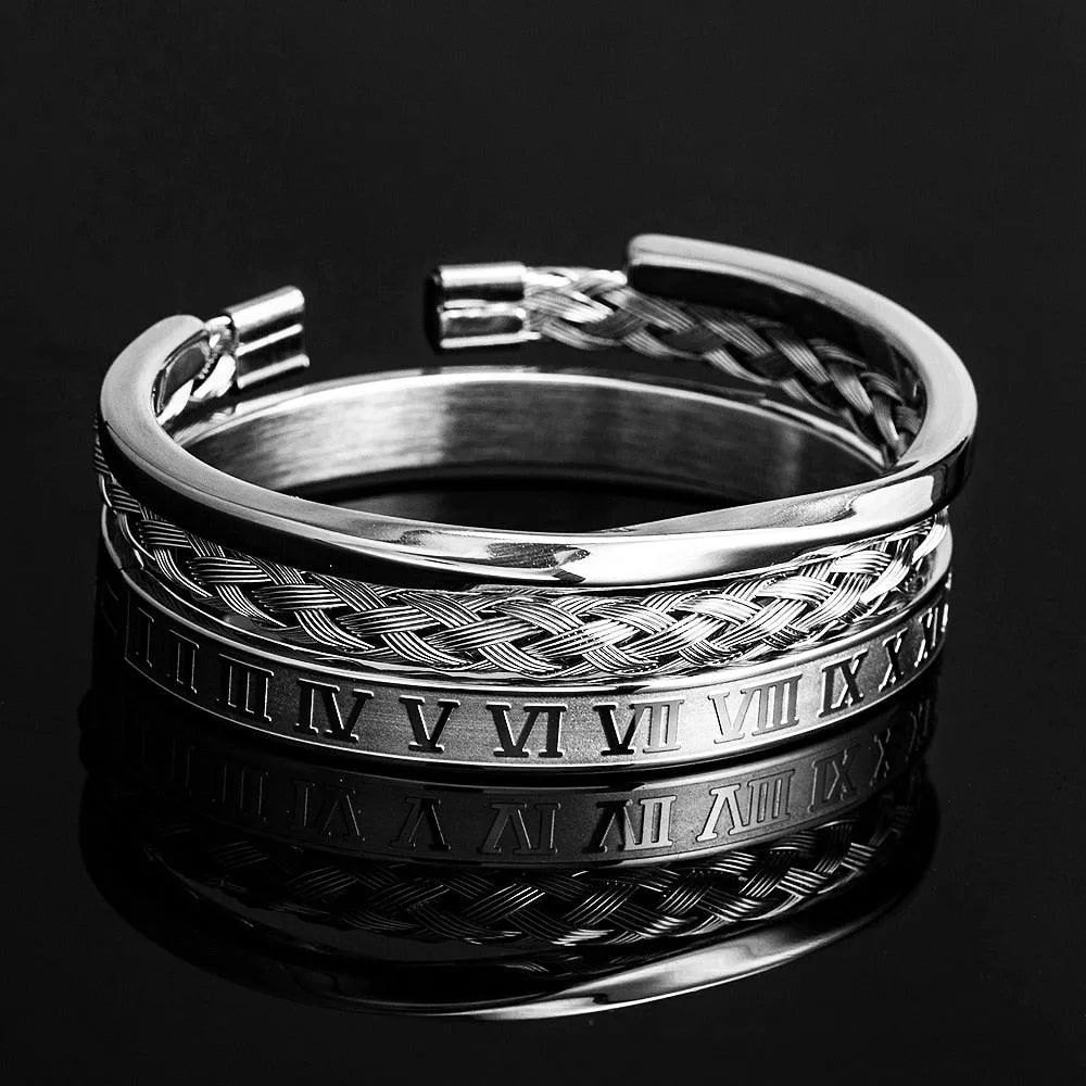 3pcs/set Luxury Roman Number 316L Men Bracelet, Simple Classic Stainless Steel Wristband Braiding Bangles, Type C twisted Bangle Men jewelry