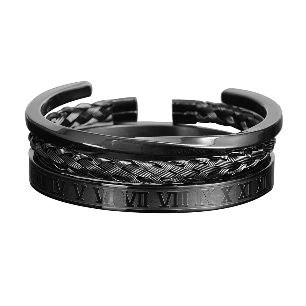3pcs/set Luxury Roman Number 316L Men Bracelet, Simple Classic Stainless Steel Wristband Braiding Bangles, Type C twisted Bangle Men jewelry