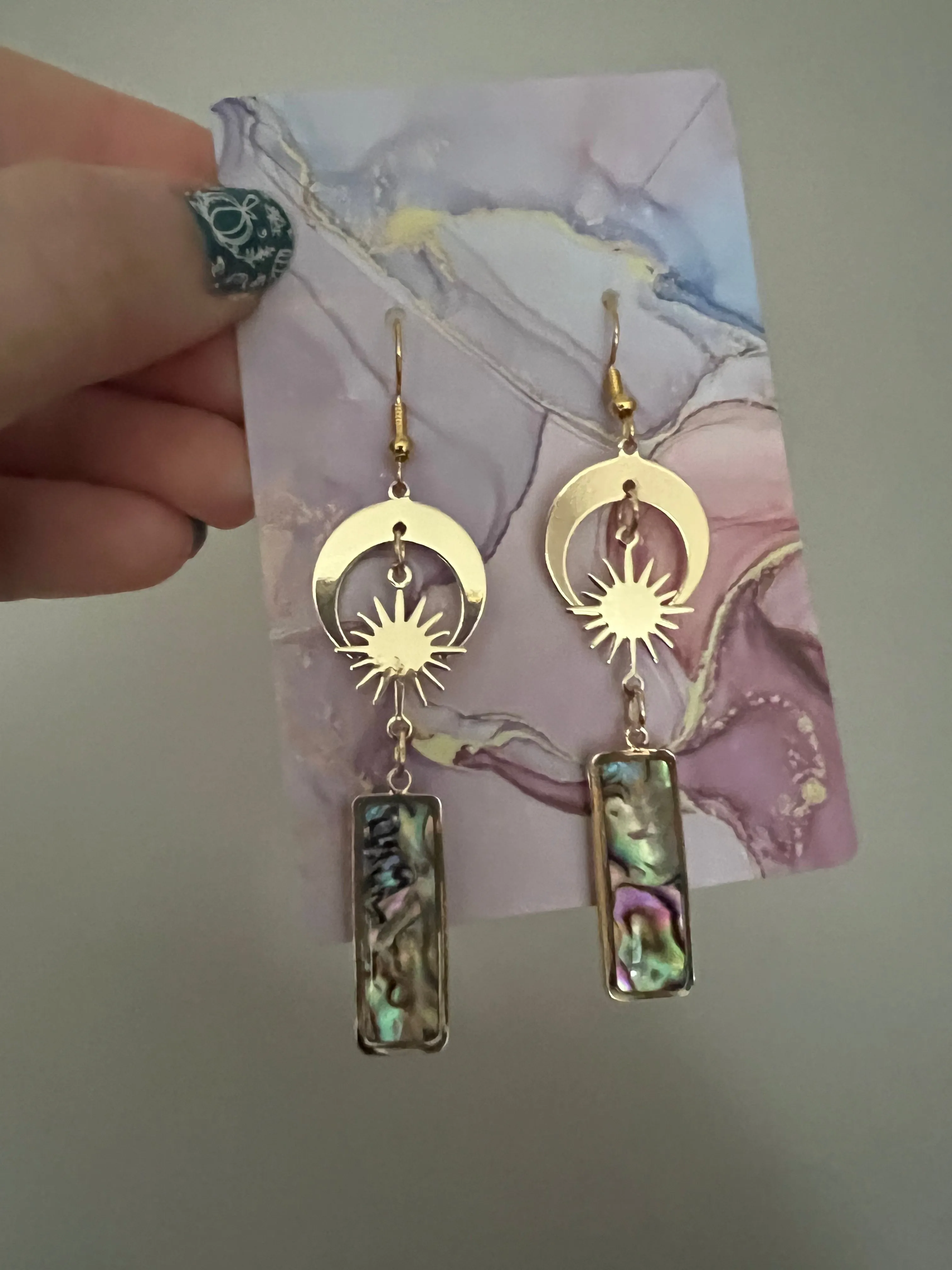 Abalone Celestial Crescent Moon and Star Gold Drop Earrings