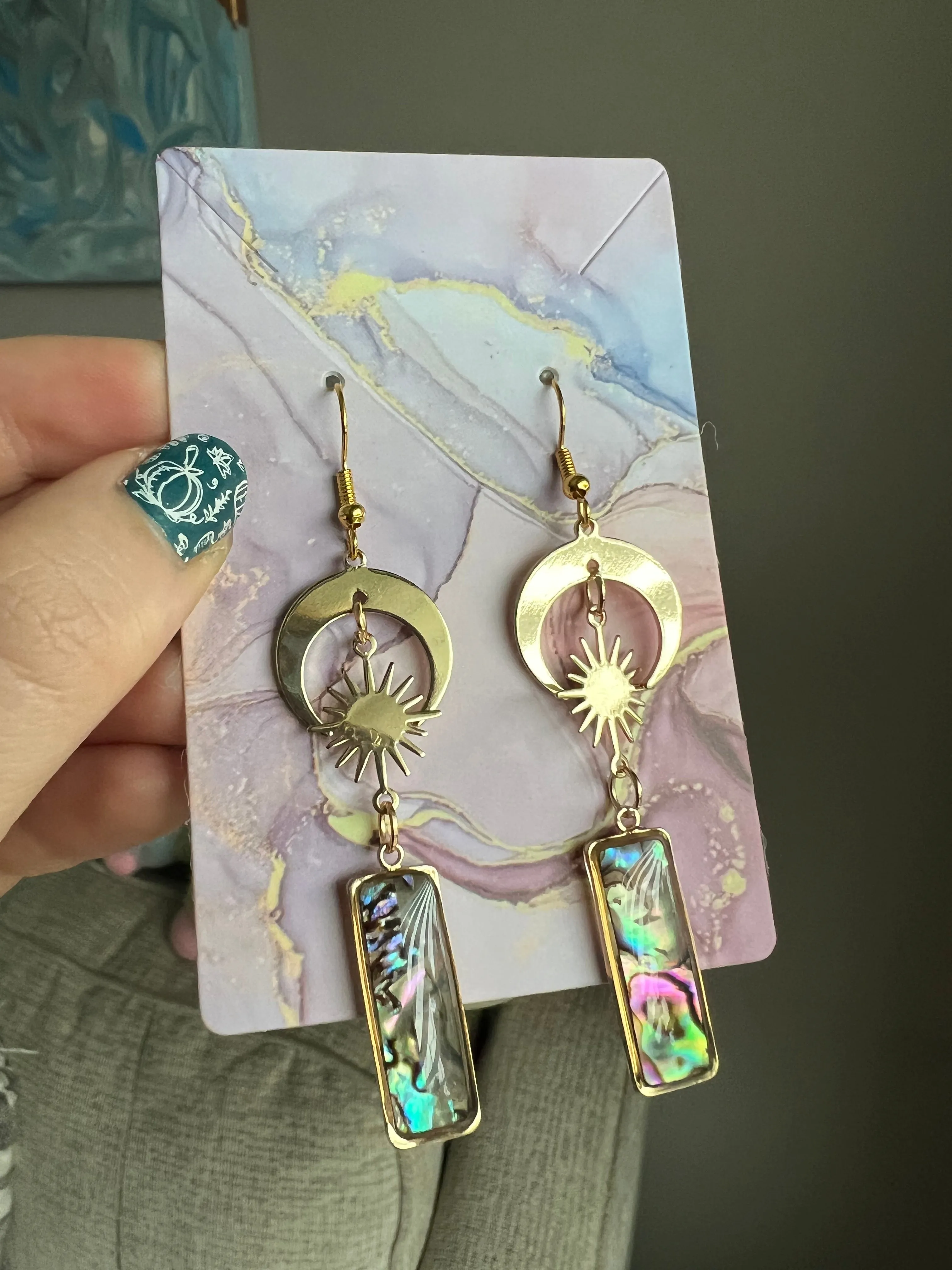 Abalone Celestial Crescent Moon and Star Gold Drop Earrings