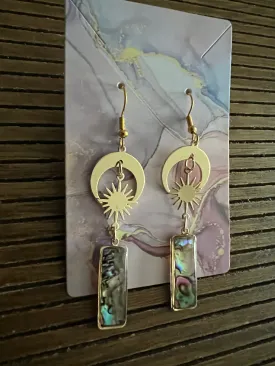 Abalone Celestial Crescent Moon and Star Gold Drop Earrings