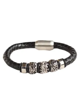 Bead and Braided Stainless Steel Black Leather Bracelet