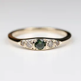 Bead-Set Five Stone Ring with Green Australian Sapphire and Medium Champagne Diamonds