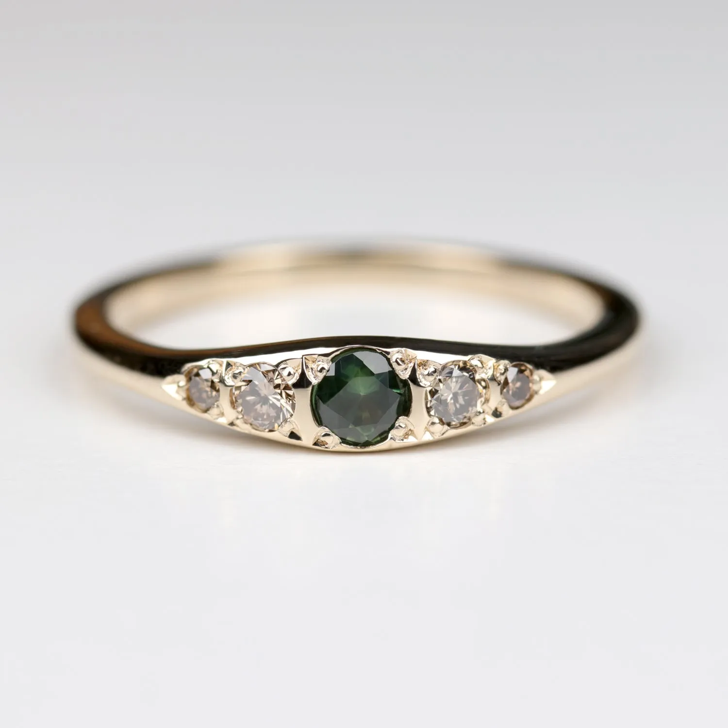 Bead-Set Five Stone Ring with Green Australian Sapphire and Medium Champagne Diamonds