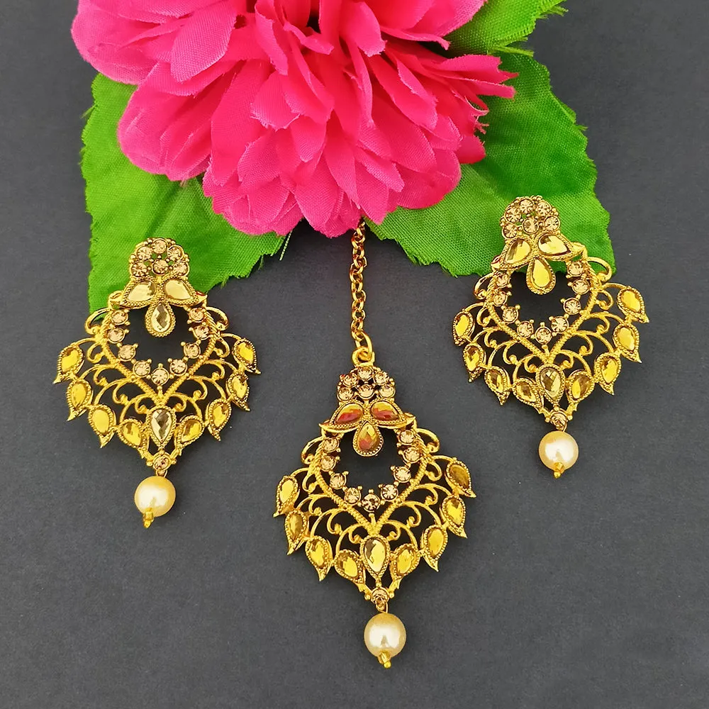 Bhavi Jewels Stone And Kundan Dangler Earrings With Maang Tikka
