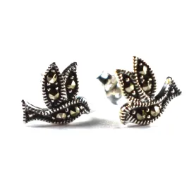 Bird pattern silver earring with marcasite & oxidizing