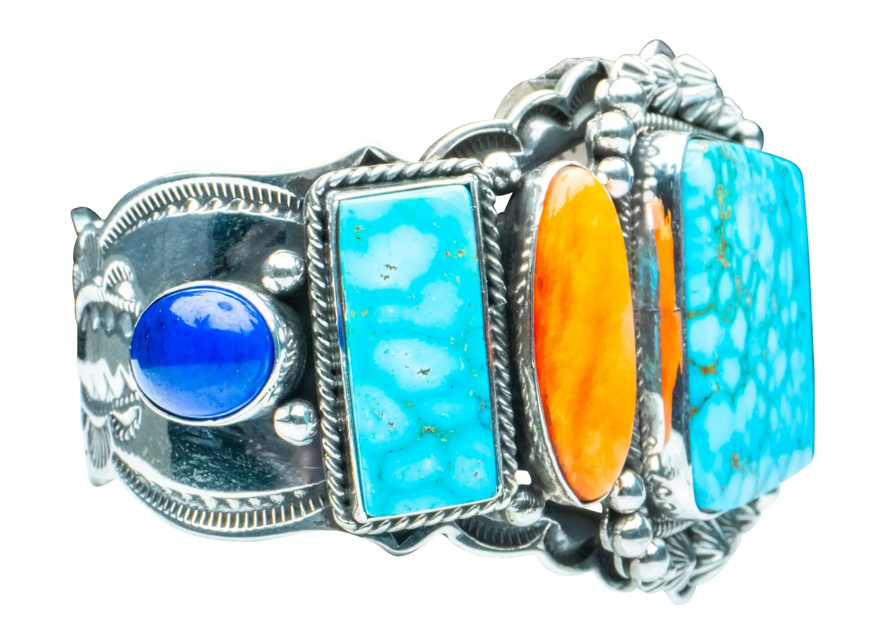 Birdseye Kingman Turquoise, Spiny Oyster Shell & Lapis Bracelet | Aaron Toadlena