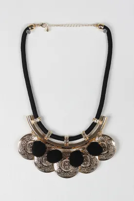 Boho Medallion Pom Pom Statement Necklace Set
