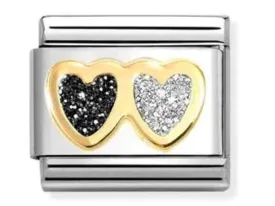 CLASSIC GLITTER SYMBOLS IN STEEL, ENAMEL AND 18K GOLD DOUBLE HEART BLACK AND SILVER