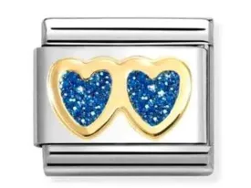 CLASSIC GLITTER,STEEL, ENAMEL, 18K GOLD DOUBLE BLUE HEART