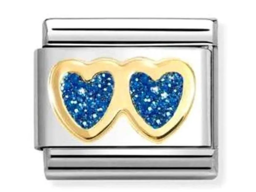 CLASSIC GLITTER,STEEL, ENAMEL, 18K GOLD DOUBLE BLUE HEART