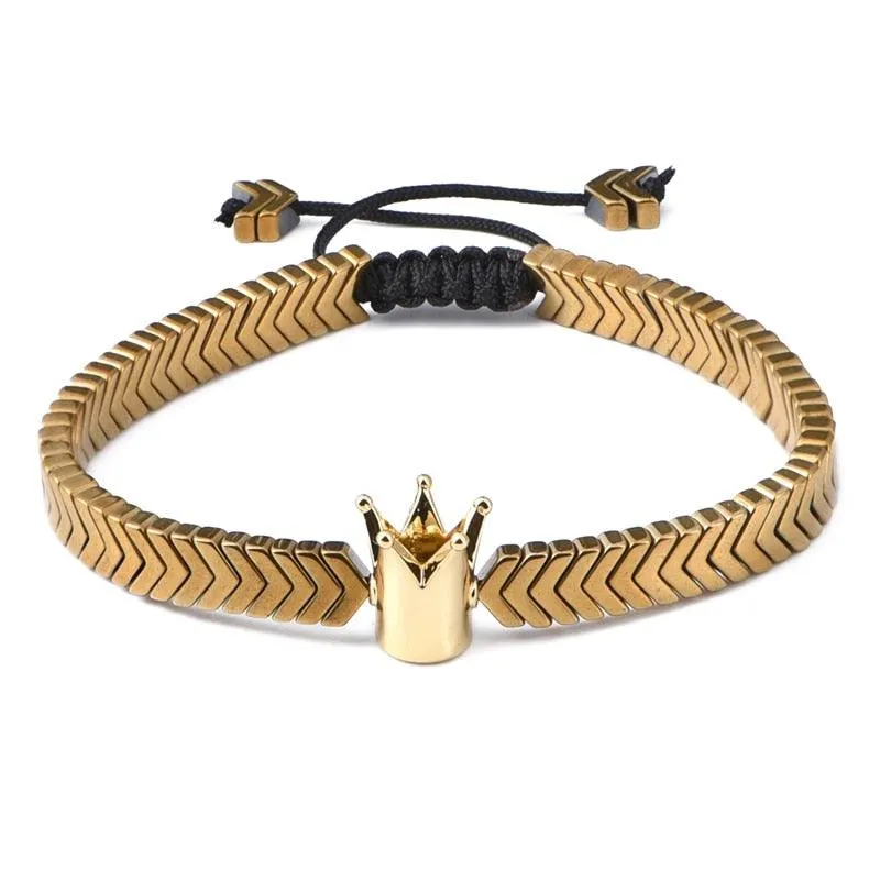 Crown Men Bracelet, Braided Rope Classic V Design Hematite Beaded Men Bracelet