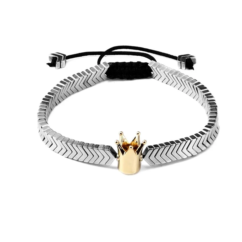 Crown Men Bracelet, Braided Rope Classic V Design Hematite Beaded Men Bracelet