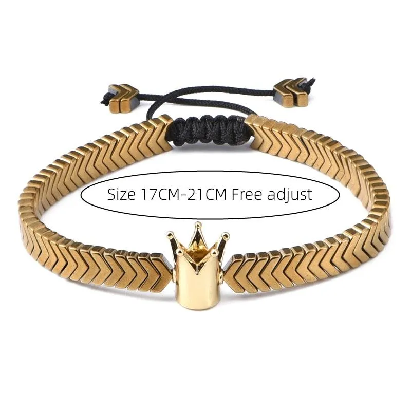 Crown Men Bracelet, Braided Rope Classic V Design Hematite Beaded Men Bracelet