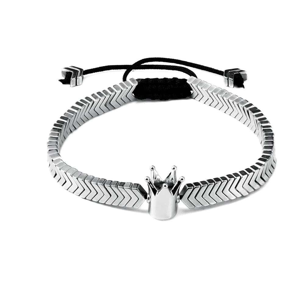 Crown Men Bracelet, Braided Rope Classic V Design Hematite Beaded Men Bracelet