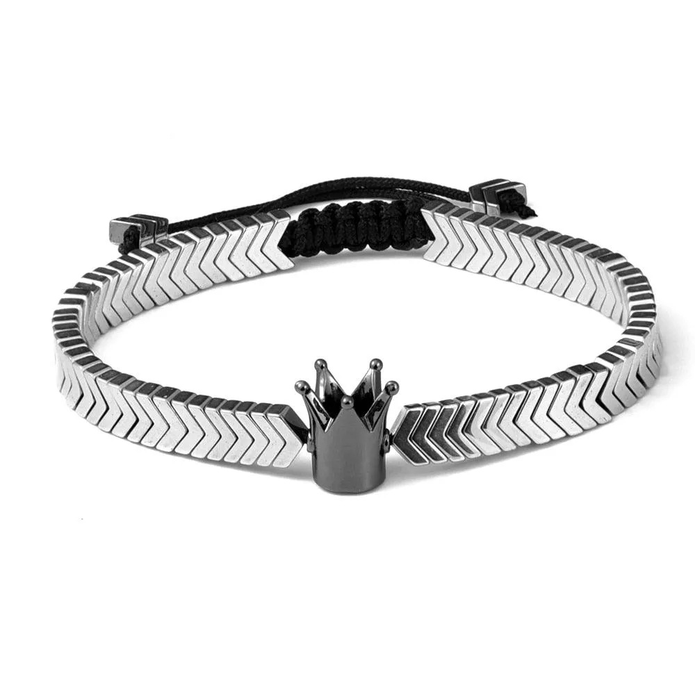 Crown Men Bracelet, Braided Rope Classic V Design Hematite Beaded Men Bracelet
