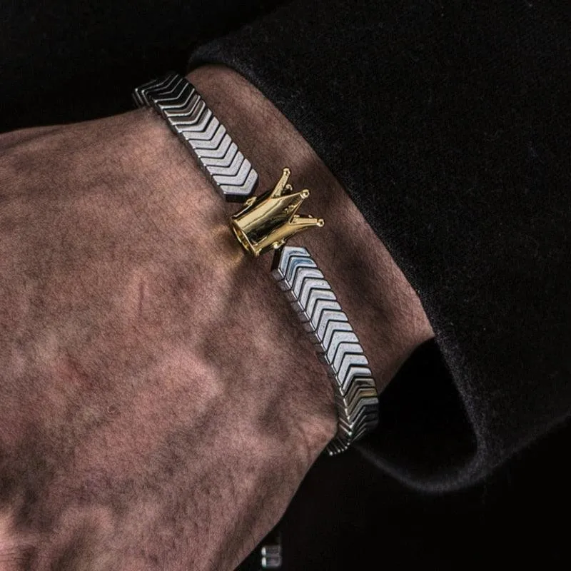 Crown Men Bracelet, Braided Rope Classic V Design Hematite Beaded Men Bracelet