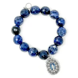 Faceted Dumortierite with Silver Ornate Blue Enameled Blessed Mother