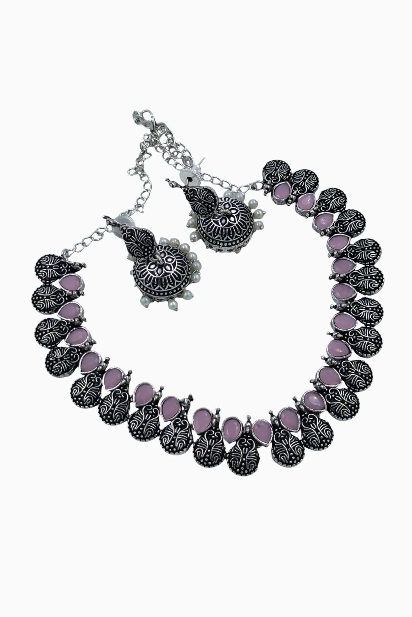 German Silver Stone Choker Set, Baby Pink