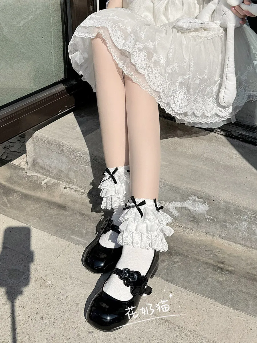 Lolita summer cute white pure cotton multi-layer lace socks
