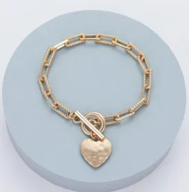 Mia Bracelet with T-Bar Fastening and Heart Charm in Gold