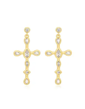 Mini Bezel Stone Cross Studs- Gold