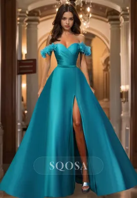 Off-Shoulder Sweetheart Off-Shoulder A-Line Prom Dress Pleated Floral Embossed Slit Satin Evening Gowns