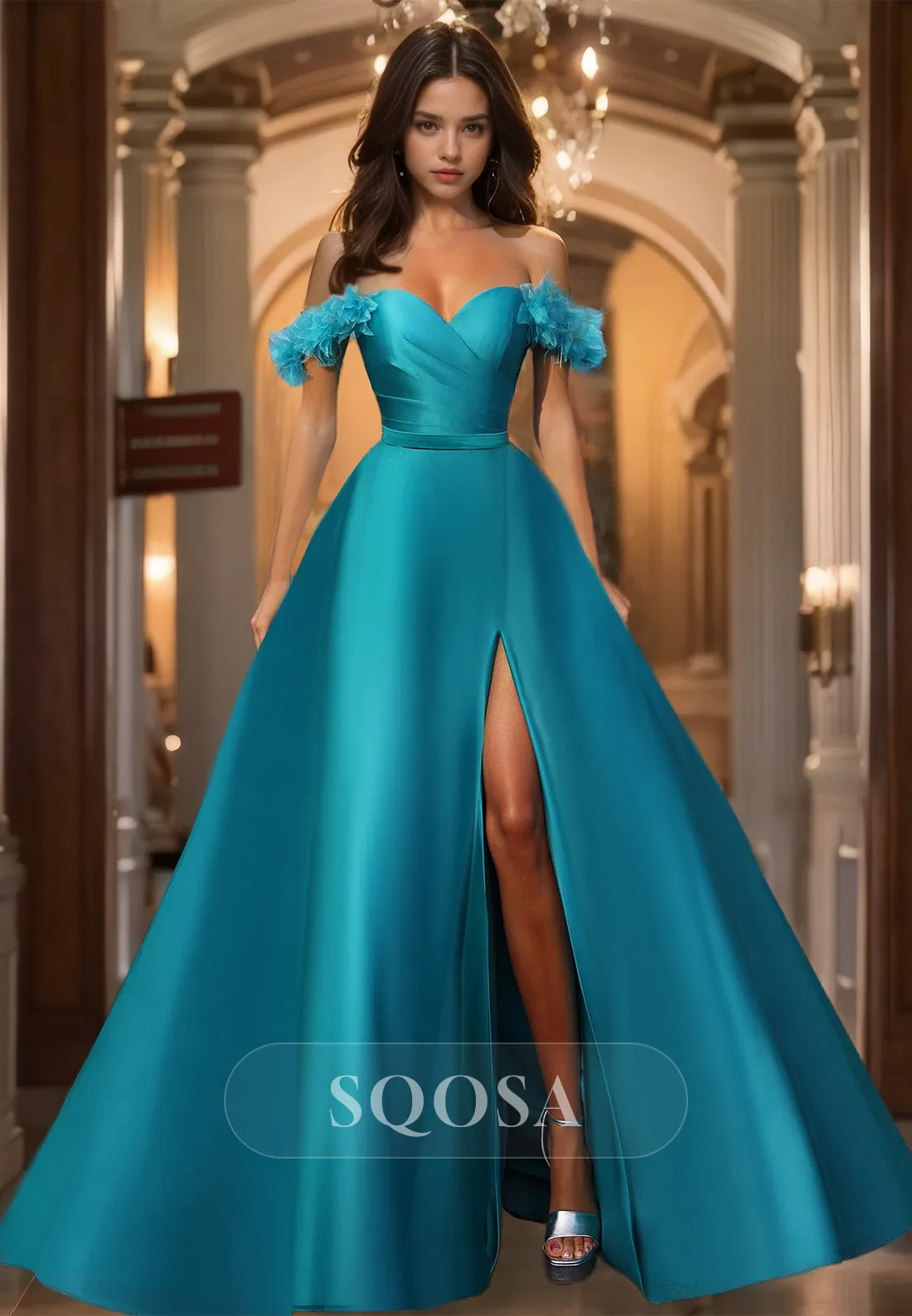 Off-Shoulder Sweetheart Off-Shoulder A-Line Prom Dress Pleated Floral Embossed Slit Satin Evening Gowns