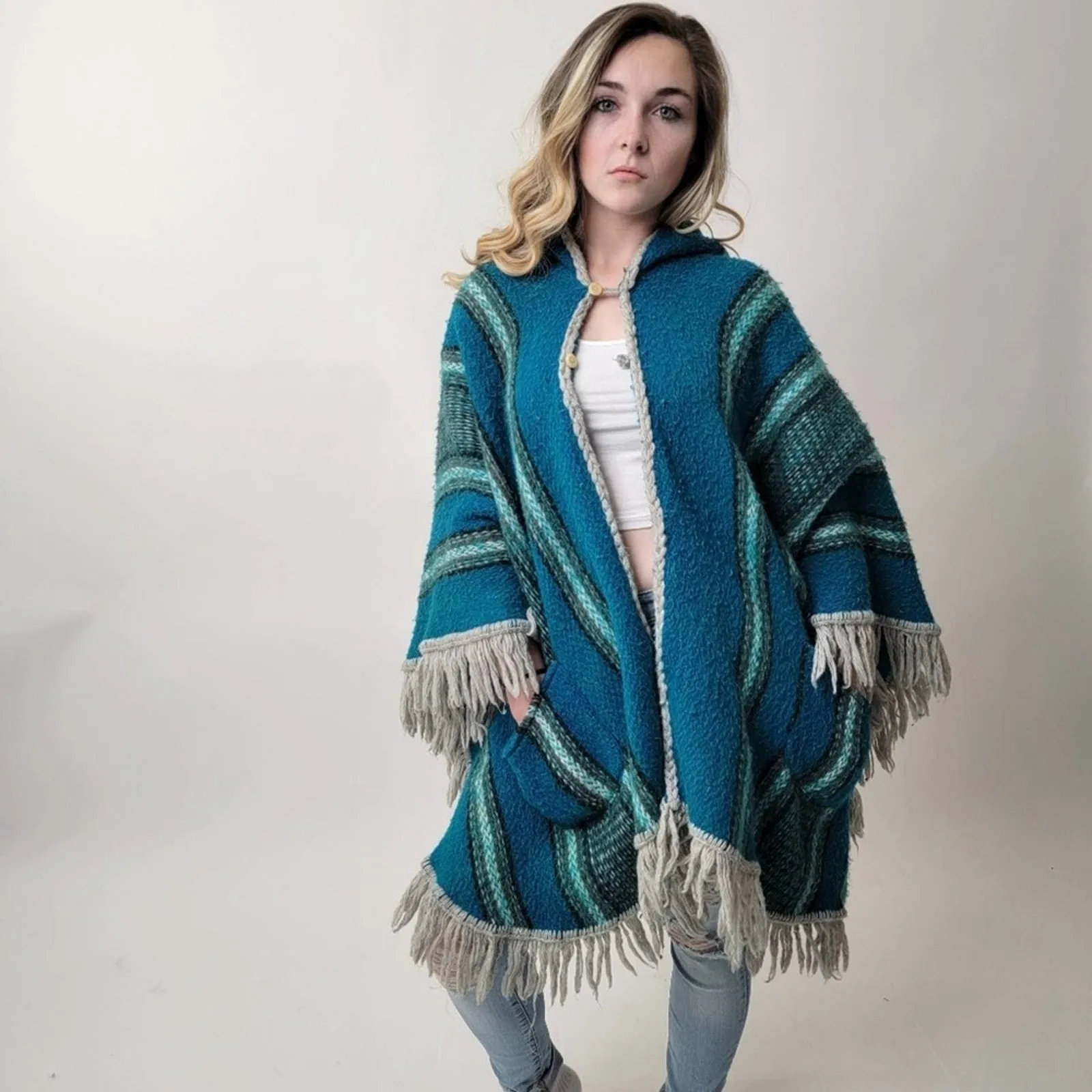 One of a Kind 70's Mod Knit Fringe Poncho Shrug
