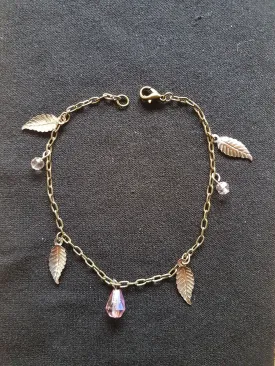 Pink Gem Stone Silver Leaf Antique Bronze Bracelet