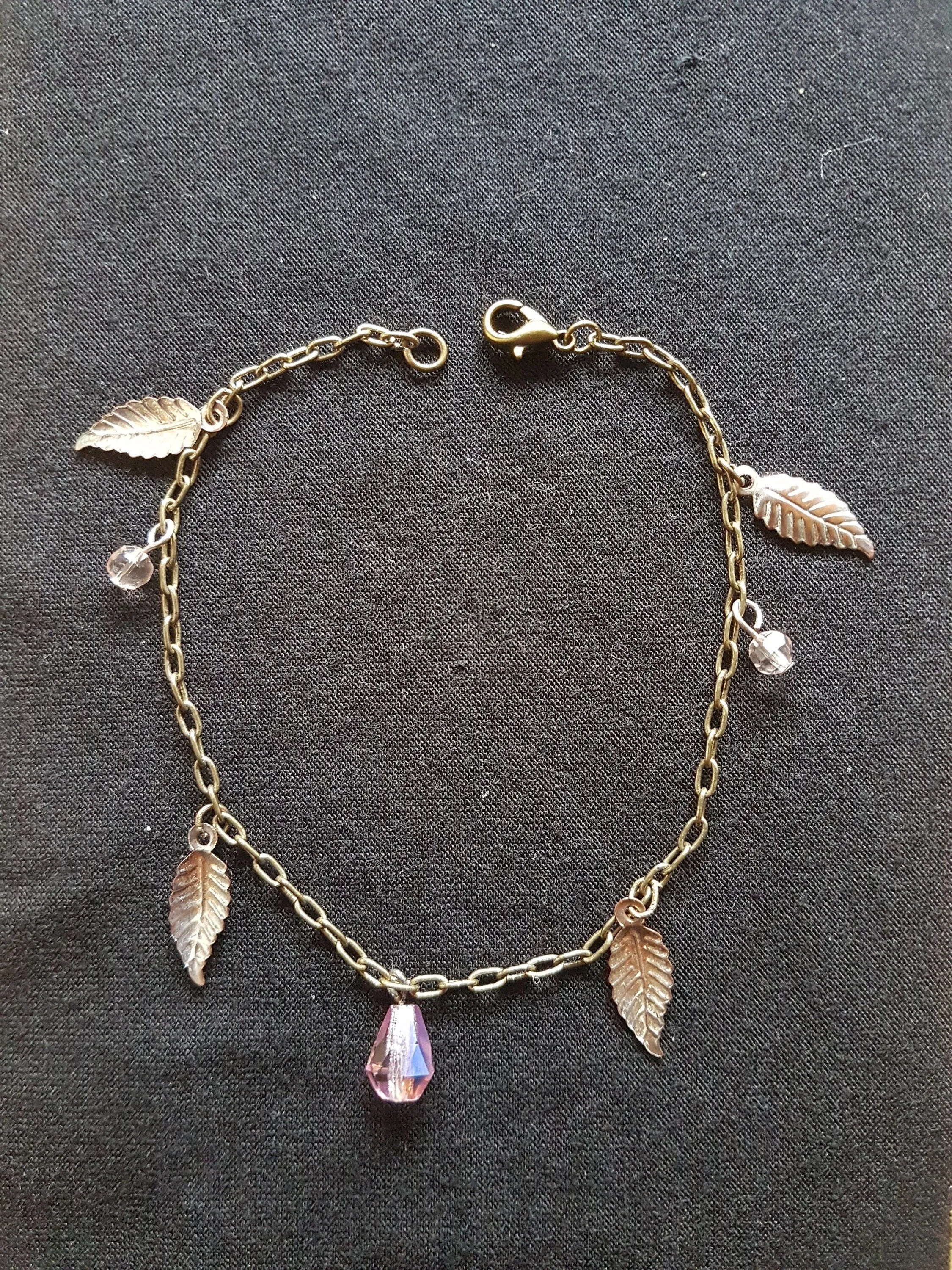 Pink Gem Stone Silver Leaf Antique Bronze Bracelet