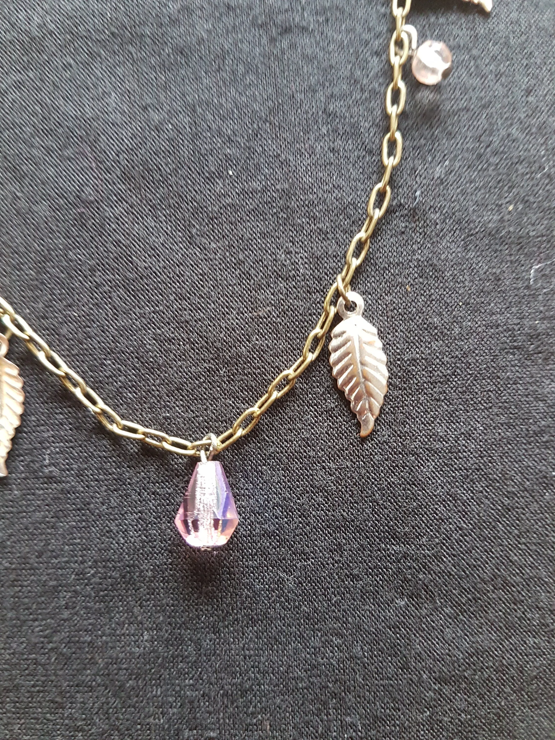 Pink Gem Stone Silver Leaf Antique Bronze Bracelet