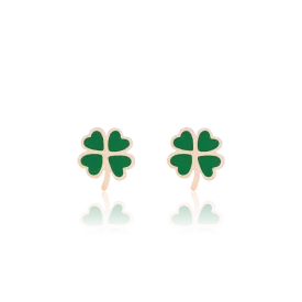 Rose gold coloured/green stud earrings with a green clover