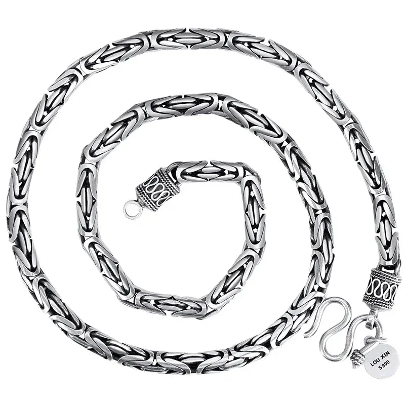 Silver Color 5mm Men's Necklace Pingan Pattern Retro Personality Men's Trendy Thick and Long Jewelry Accessories