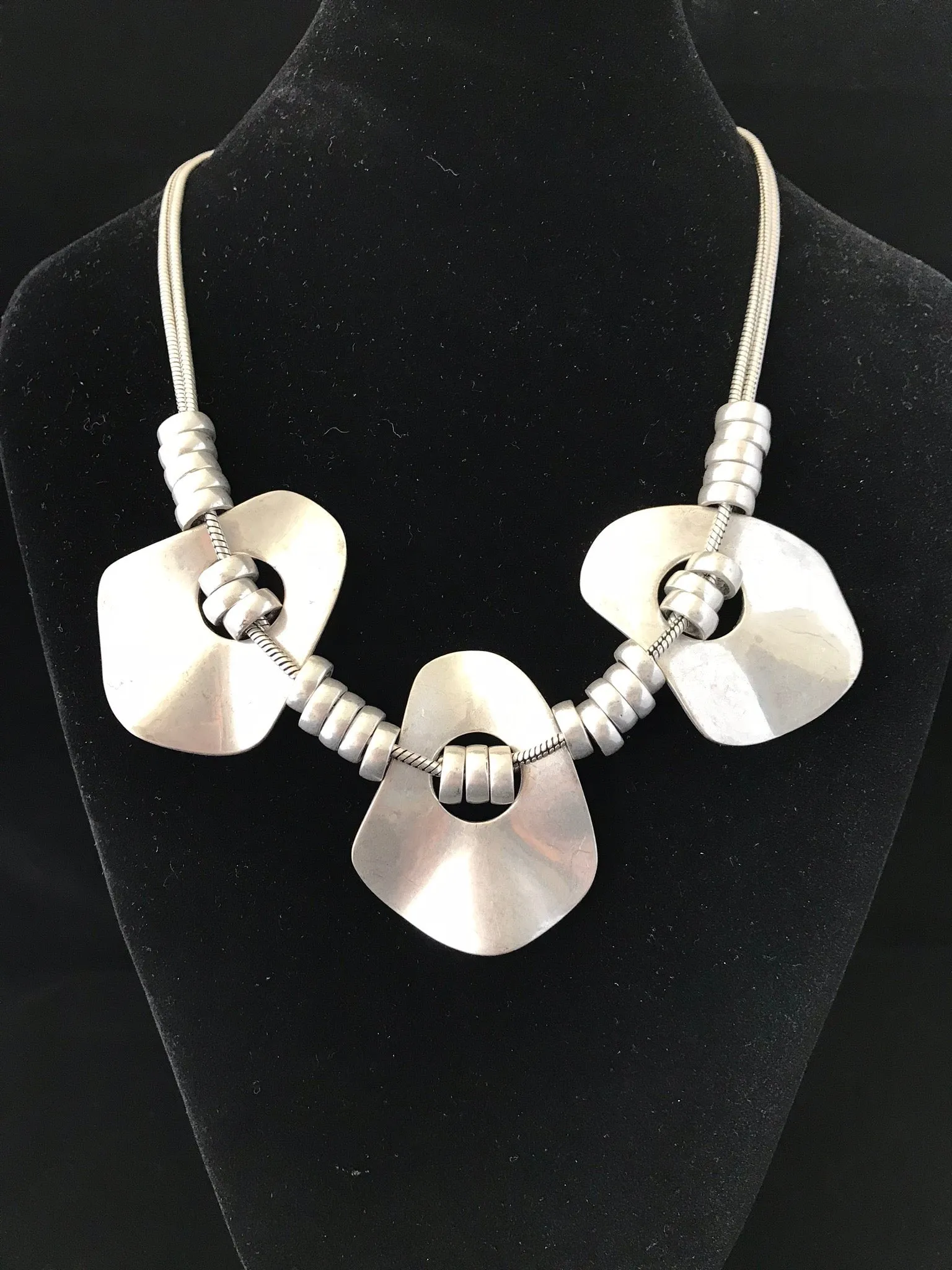 Womens Necklace Silver Beaten Disc Beaded
